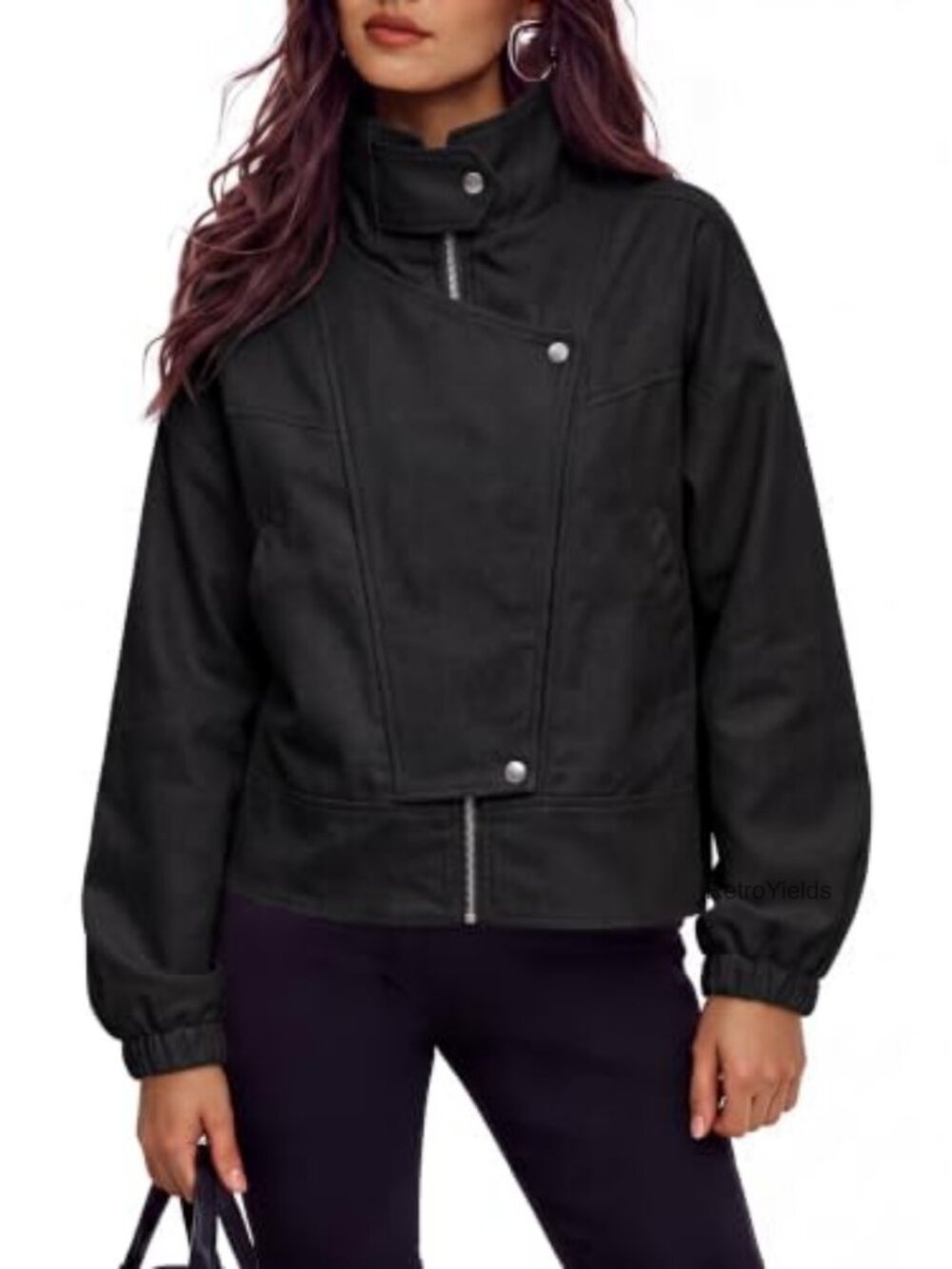Women's Cropped Bomber Jacket Zip Up Moto Coat Pockets Woven Pockets
